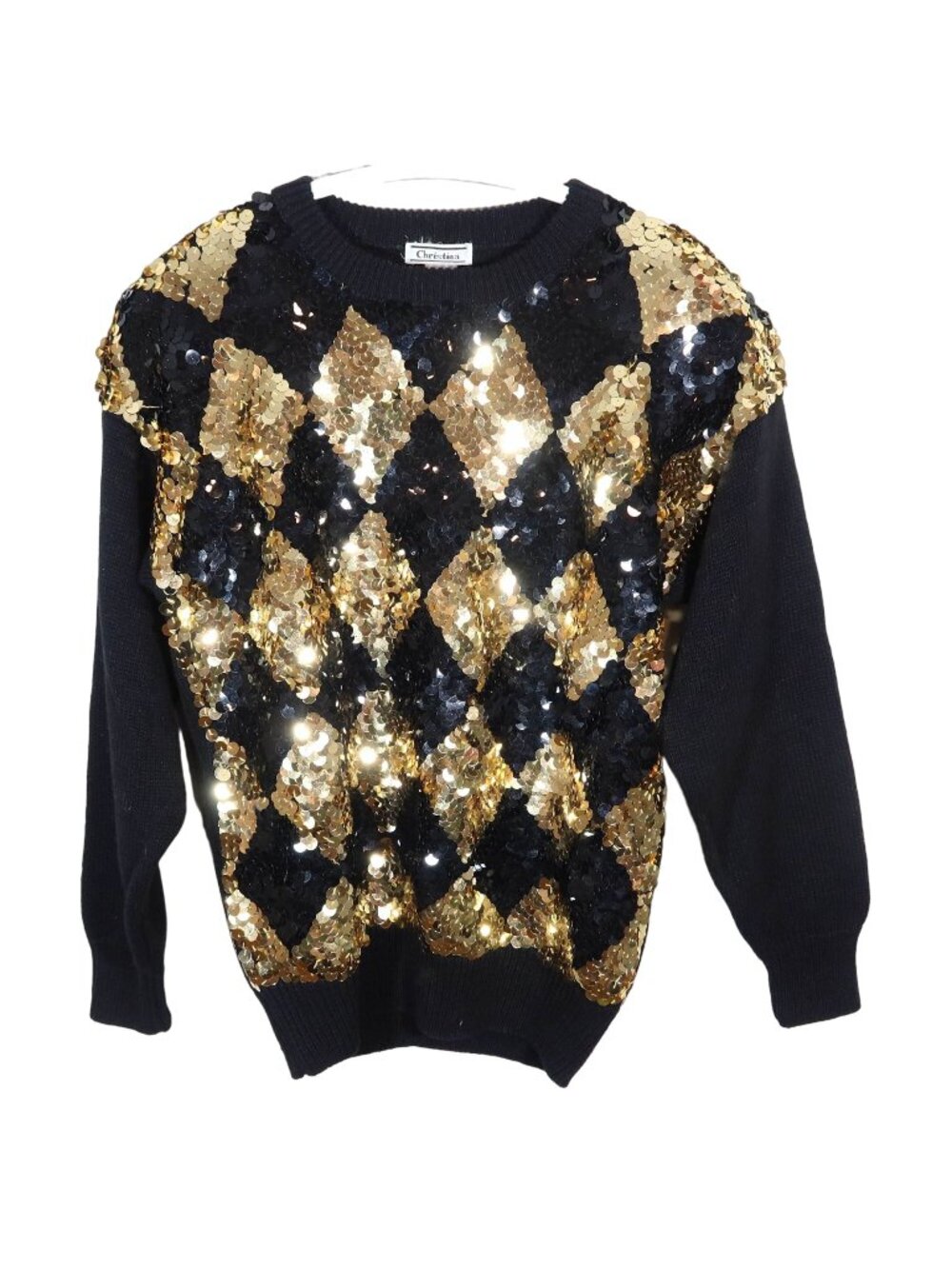 Vintage CHRISTINA Black Gold Sequin Argyle Pullover Sweater Size M Cotton Blend